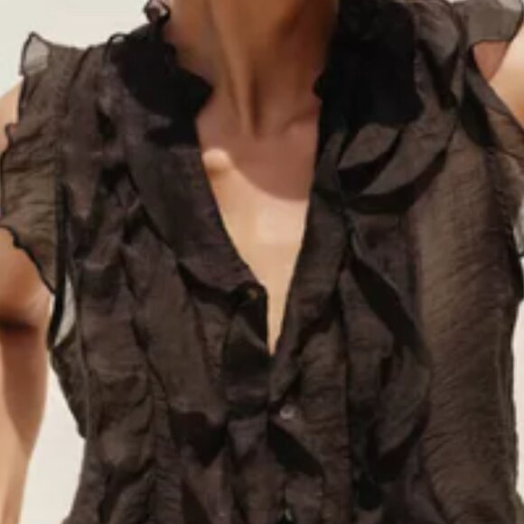 Esley, Black, Ruffle Front, Button Front, Sleeveless, Sheer, Blouse, Bodysuit M - Picture 1 of 1